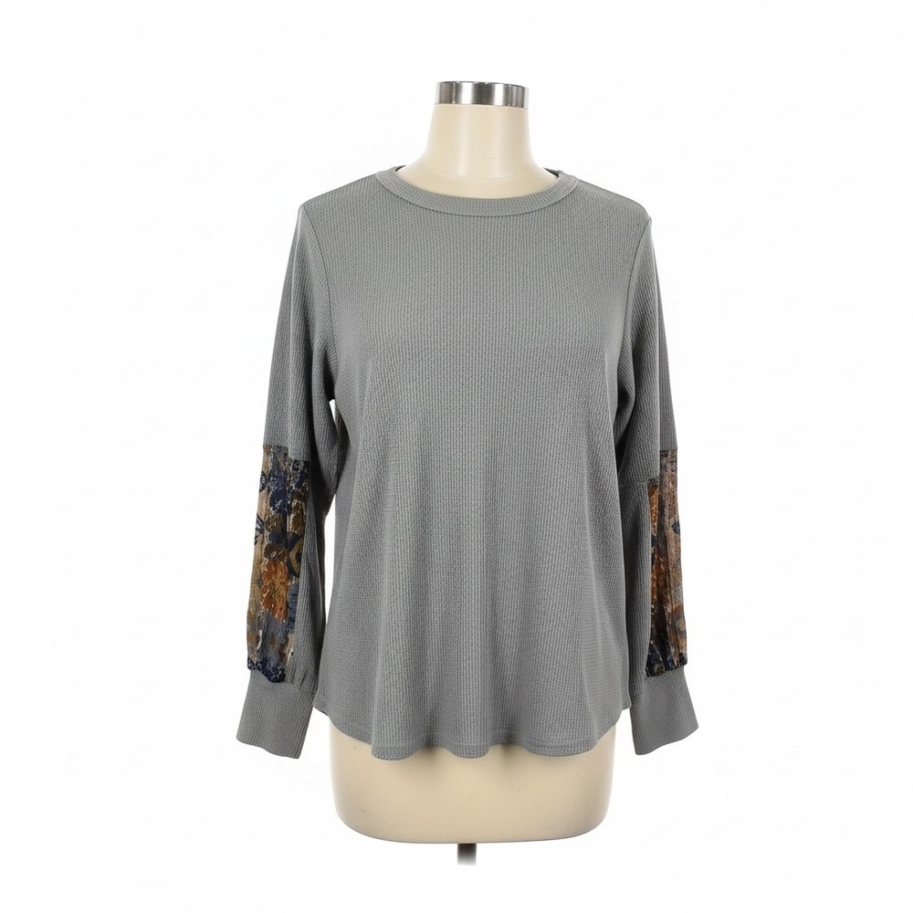 Easel Womens Gray Waffle Knit Top Boho Floral Patchwork Sleeve Small
